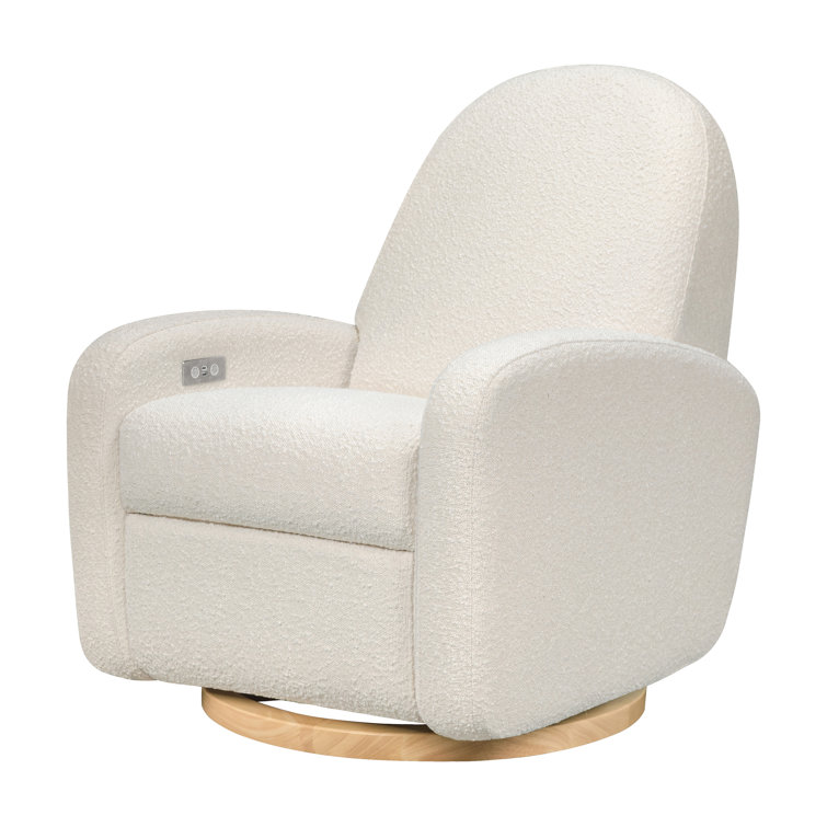 Ivory Boucle Swivel Recliner with Light Wood Base