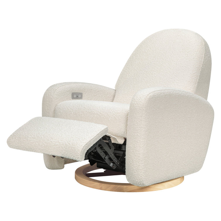 Ivory Boucle Swivel Recliner with Light Wood Base