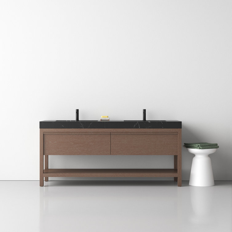 Pluto 72" Chestnut Oak Double Sink Freestanding Vanity with Black Marquina Quartz Top