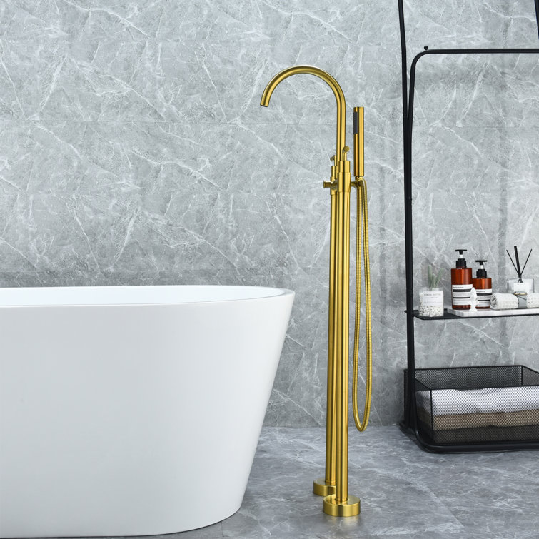 Brushed Gold Stainless Steel Floor Mounted Tub Filler with Handshower