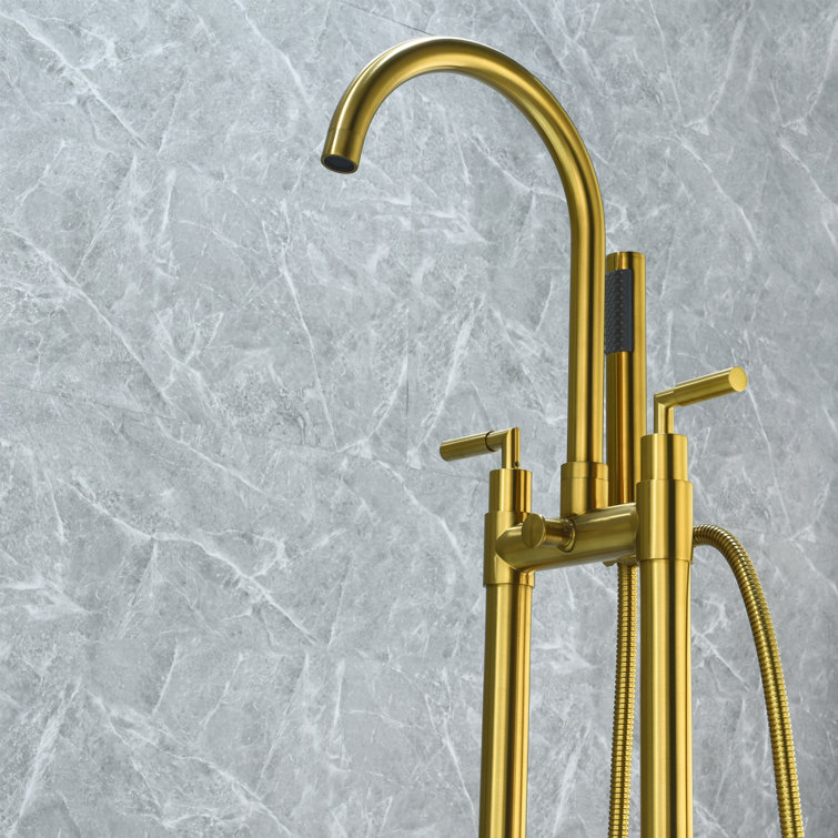 Brushed Gold Stainless Steel Floor Mounted Tub Filler with Handshower