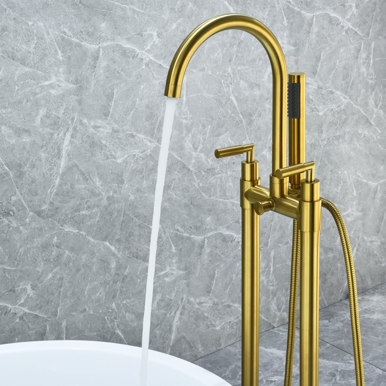 Brushed Gold Stainless Steel Floor Mounted Tub Filler with Handshower