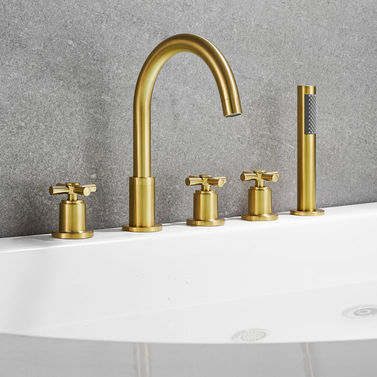 Brushed Gold Stainless Steel Deck-Mount Tub Faucet with Handshower