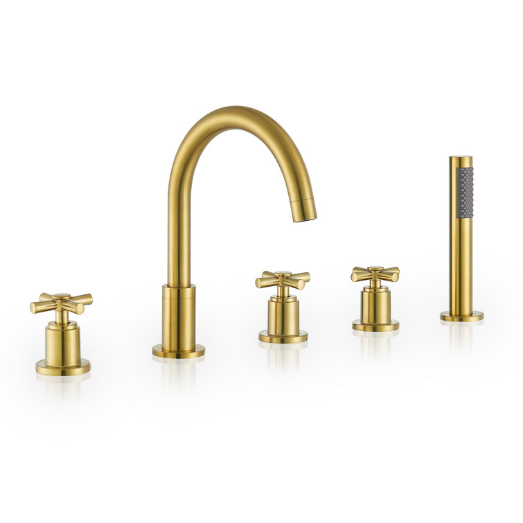 Brushed Gold Stainless Steel Deck-Mount Tub Faucet with Handshower