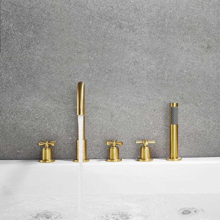 Brushed Gold Stainless Steel Deck-Mount Tub Faucet with Handshower