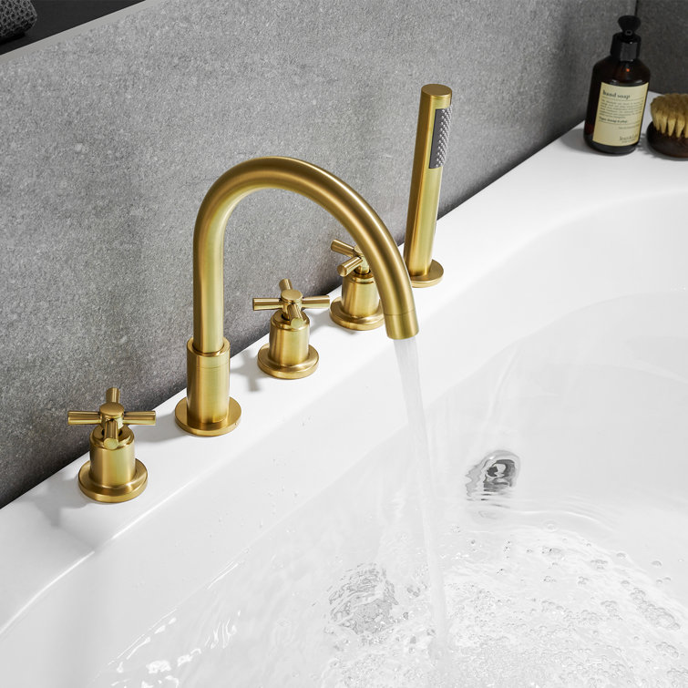 Brushed Gold Stainless Steel Deck-Mount Tub Faucet with Handshower