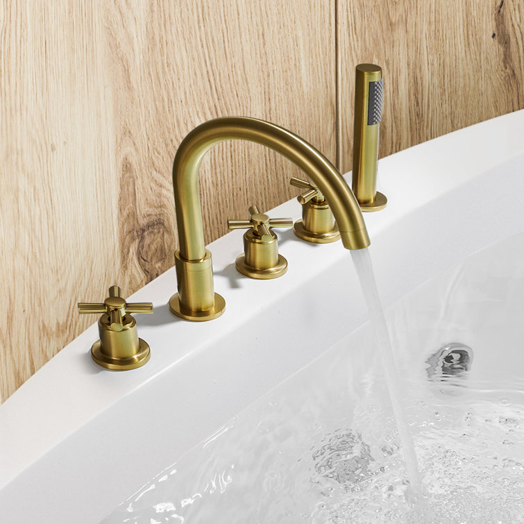 Brushed Gold Stainless Steel Deck-Mount Tub Faucet with Handshower
