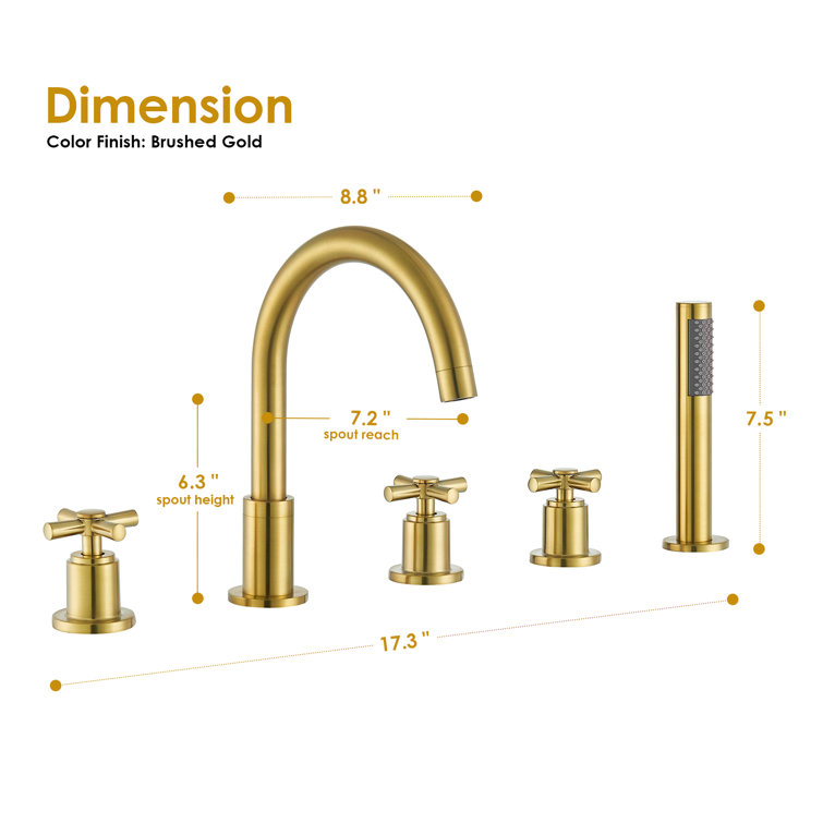 Brushed Gold Stainless Steel Deck-Mount Tub Faucet with Handshower