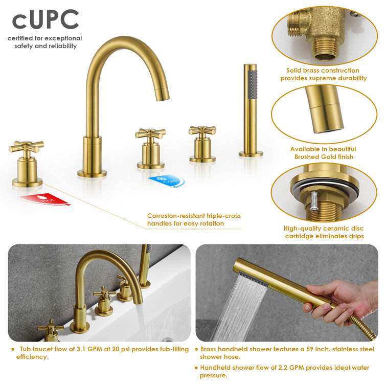 Brushed Gold Stainless Steel Deck-Mount Tub Faucet with Handshower