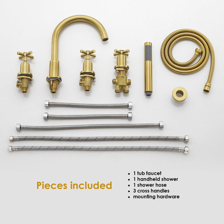 Brushed Gold Stainless Steel Deck-Mount Tub Faucet with Handshower