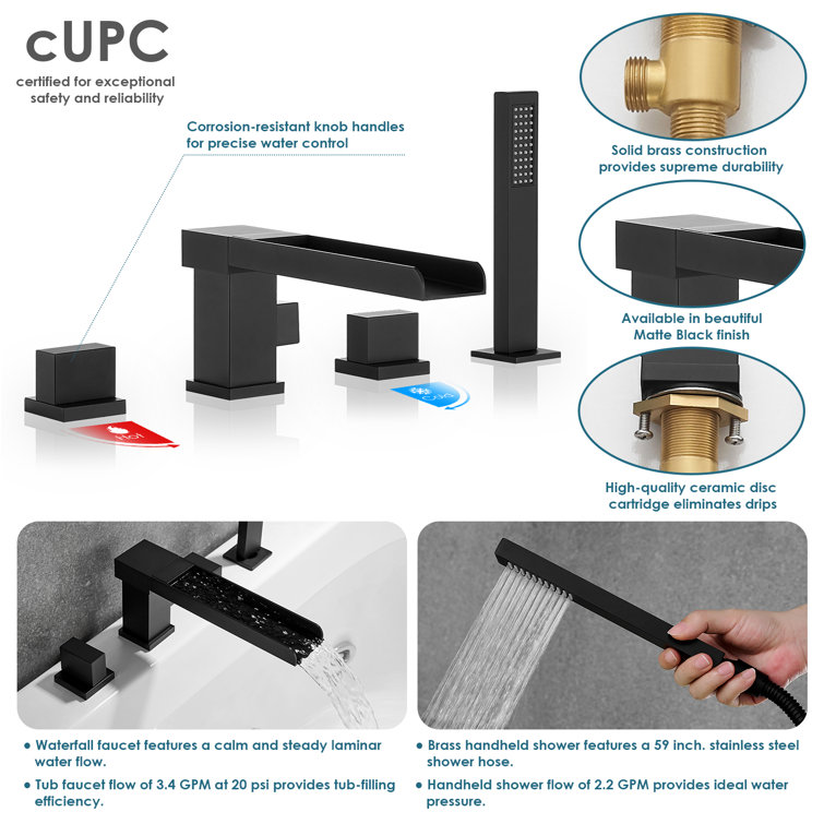 Matte Black Stainless Steel Waterfall Tub Filler with Handshower