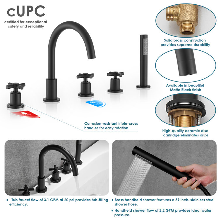 Matte Black Brass Deck-Mount Tub Faucet with Handshower