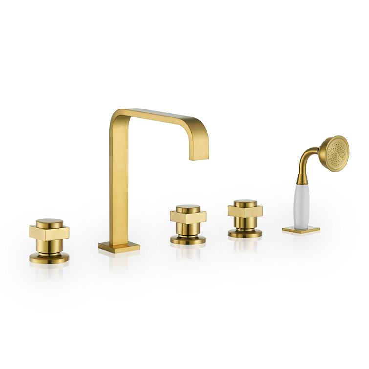 Brushed Gold Stainless Steel Triple Handle Deck-Mount Roman Tub Faucet