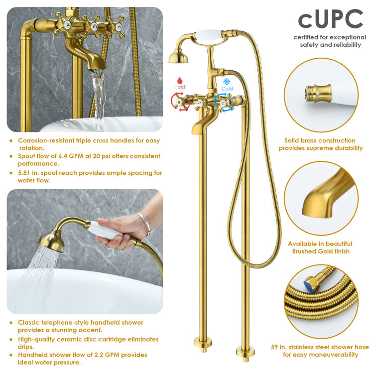 Brushed Gold Stainless Steel Freestanding Tub Faucet with Handshower