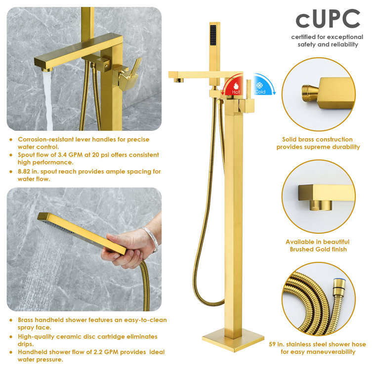 Brushed Gold Stainless Steel Freestanding Tub Filler with Handshower