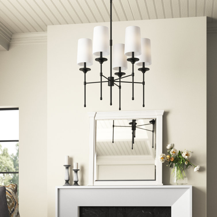 Matte Black 5-Light Candle-Style Chandelier with Off-White Shades
