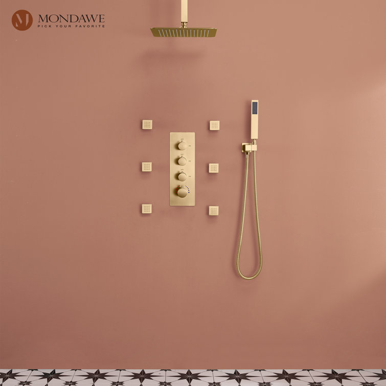 Brushed Gold 12" Stainless Steel Ceiling Mounted Shower System with 6 Body Jets