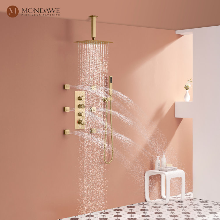Brushed Gold 12" Stainless Steel Ceiling Mounted Shower System with 6 Body Jets
