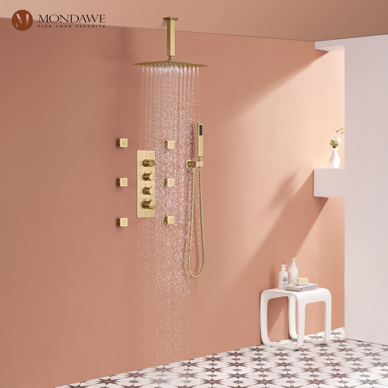 Brushed Gold 12" Stainless Steel Ceiling Mounted Shower System with 6 Body Jets