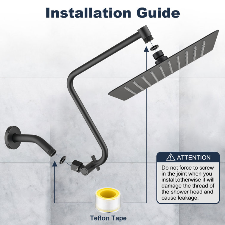 Matte Black 12" Rainfall Shower Head with Adjustable Arm