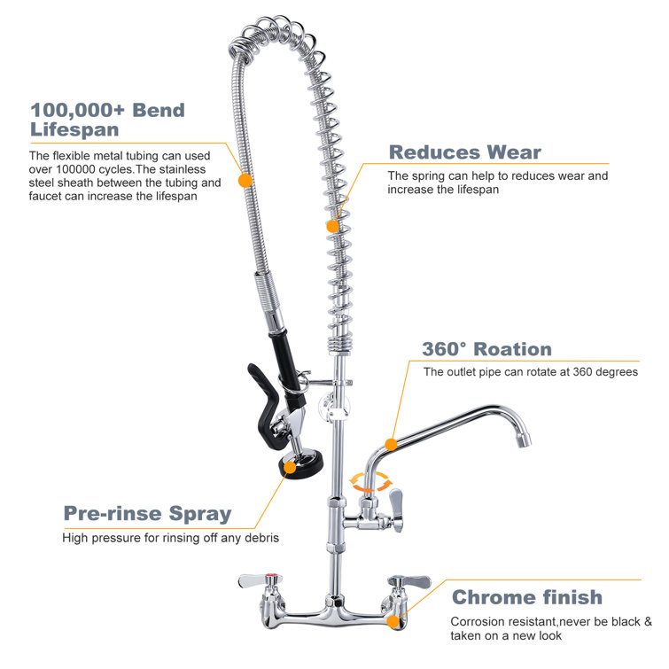 Chrome Brass 36-Inch Commercial Kitchen Faucet with Pre-Rinse Sprayer