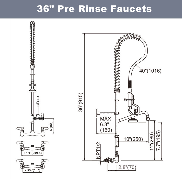 Chrome Brass 36-Inch Commercial Kitchen Faucet with Pre-Rinse Sprayer