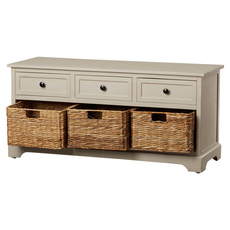 Transitional Gray 42" Solid Wood Storage Bench with Wicker Baskets