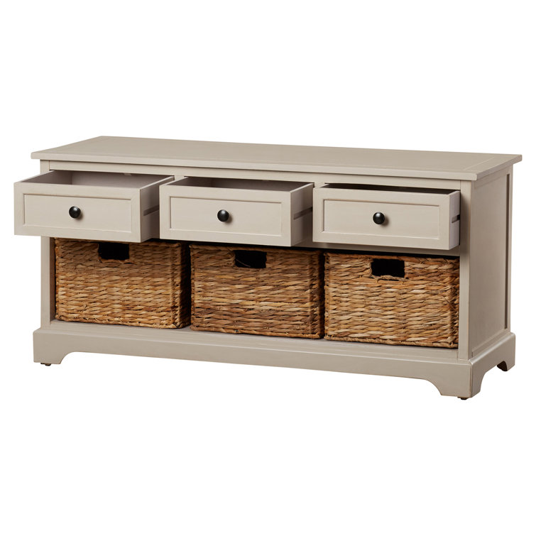 Transitional Gray 42" Solid Wood Storage Bench with Wicker Baskets