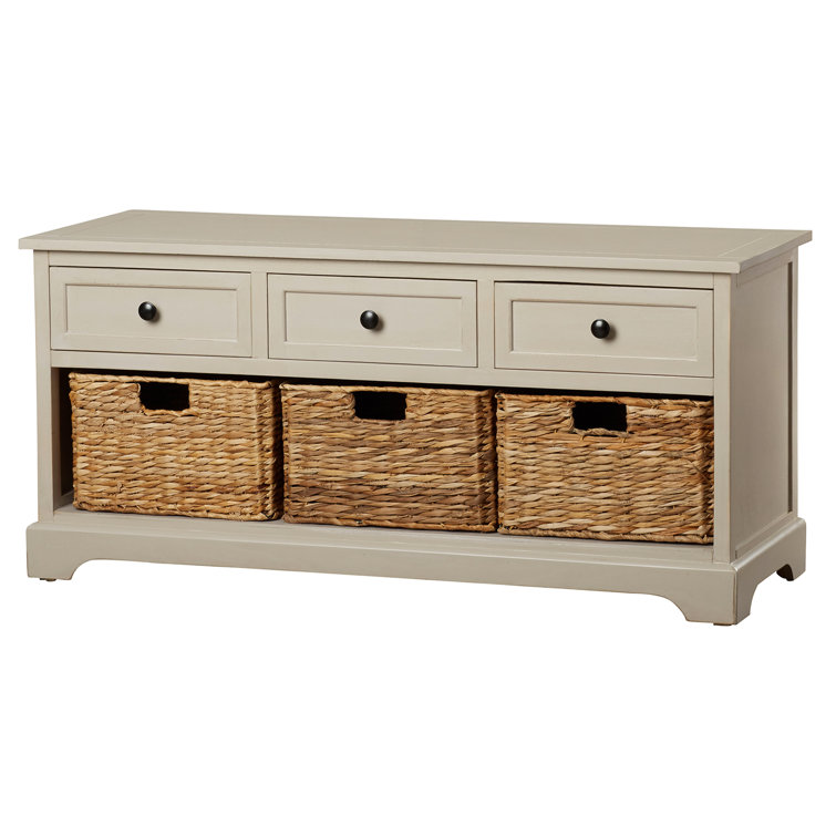 Transitional Gray 42" Solid Wood Storage Bench with Wicker Baskets