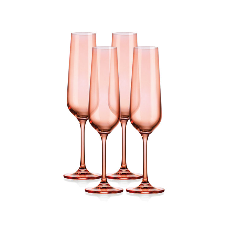 Hand-Blown Coral Crystal Flute Glasses Set of 4