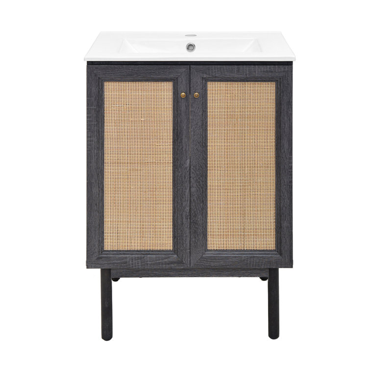 Black and Rattan 24" Freestanding Bathroom Vanity with Sink