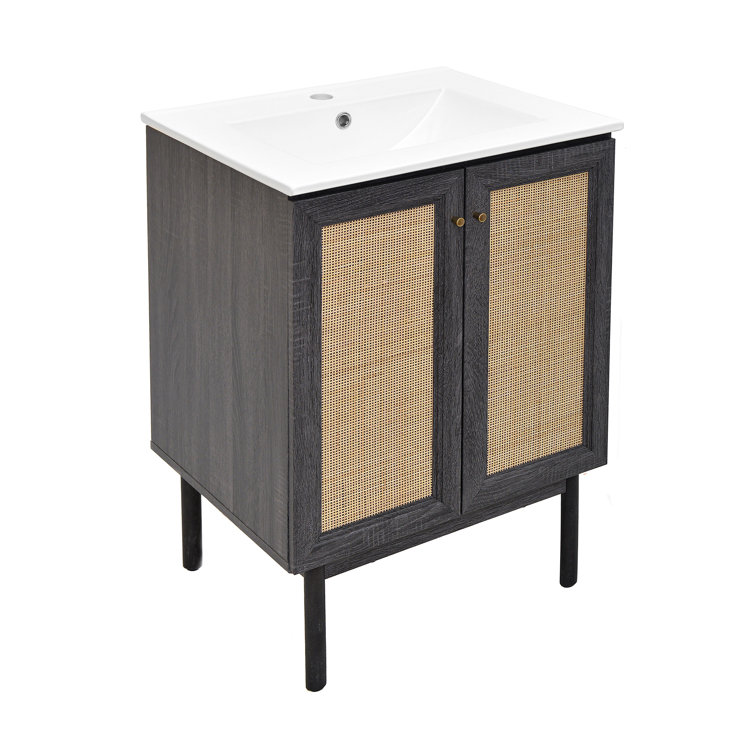 Black and Rattan 24" Freestanding Bathroom Vanity with Sink