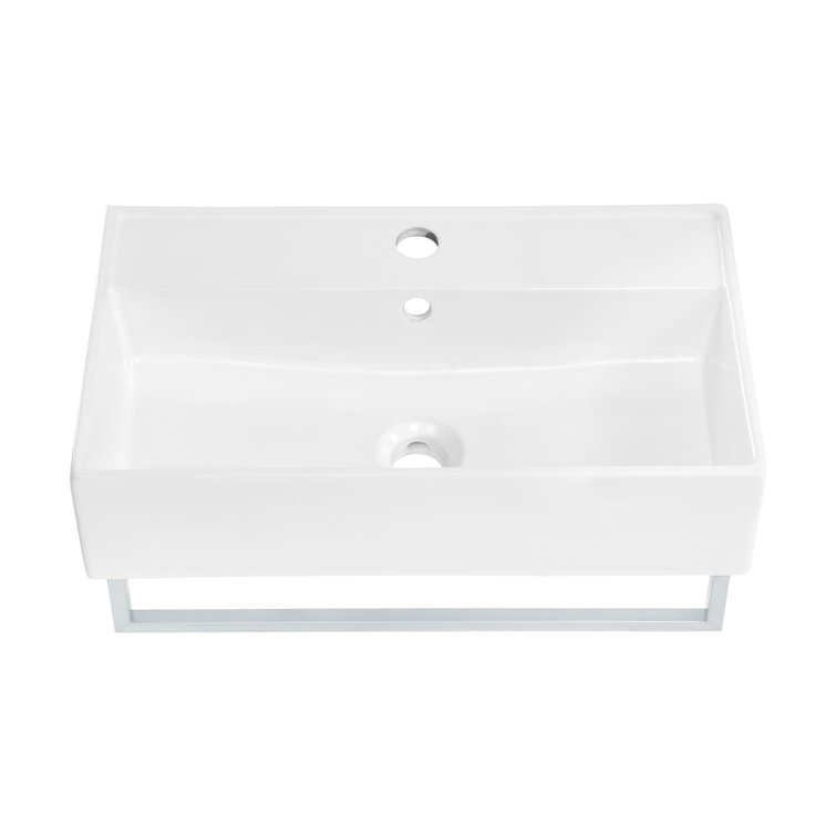 Claire 22" White Ceramic Wall-Mount Vessel Sink with Chrome Towel Bar