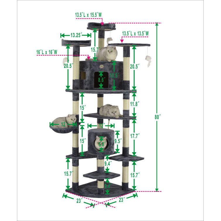 80'' Gray Cat Tree House with Sisal Scratching Posts