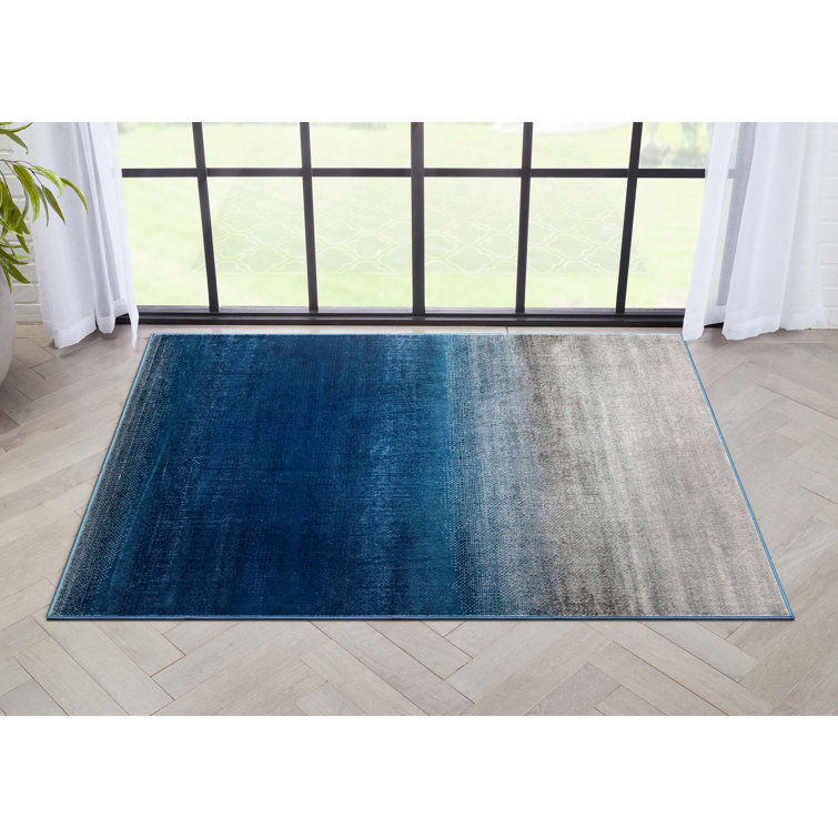 Blue and Gray Rectangular Stain-Resistant Synthetic Rug