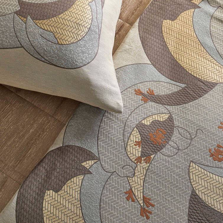 Kosode Beige and Brown Embroidered Cotton Blend Throw Pillow