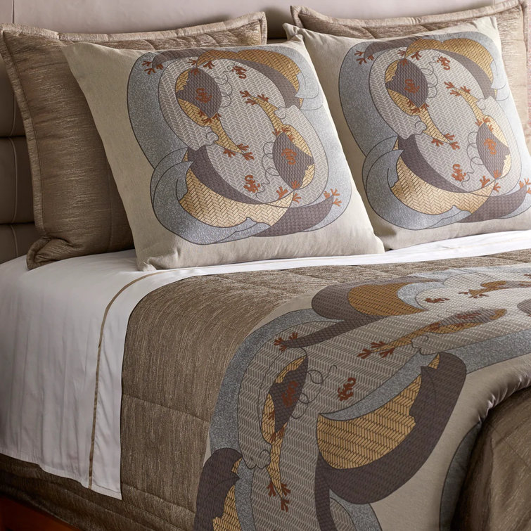 Kosode Beige and Brown Embroidered Cotton Blend Throw Pillow