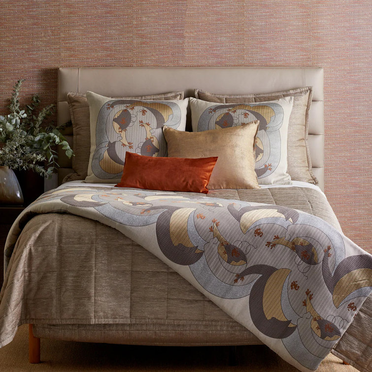 Kosode Beige and Brown Embroidered Cotton Blend Throw Pillow