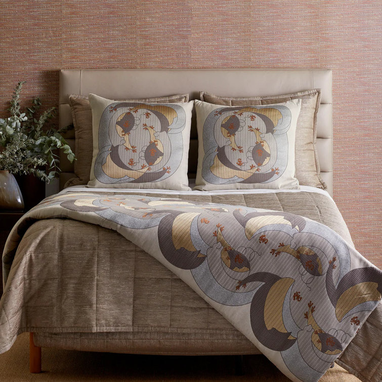 Kosode Beige and Brown Embroidered Cotton Blend Throw Pillow