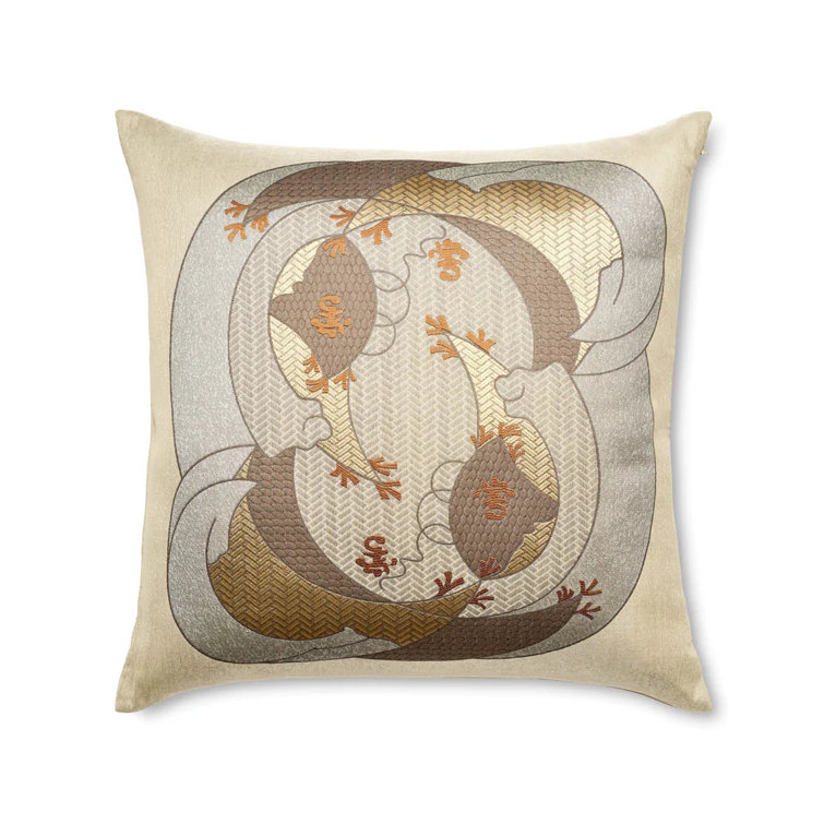 Kosode Beige and Brown Embroidered Cotton Blend Throw Pillow