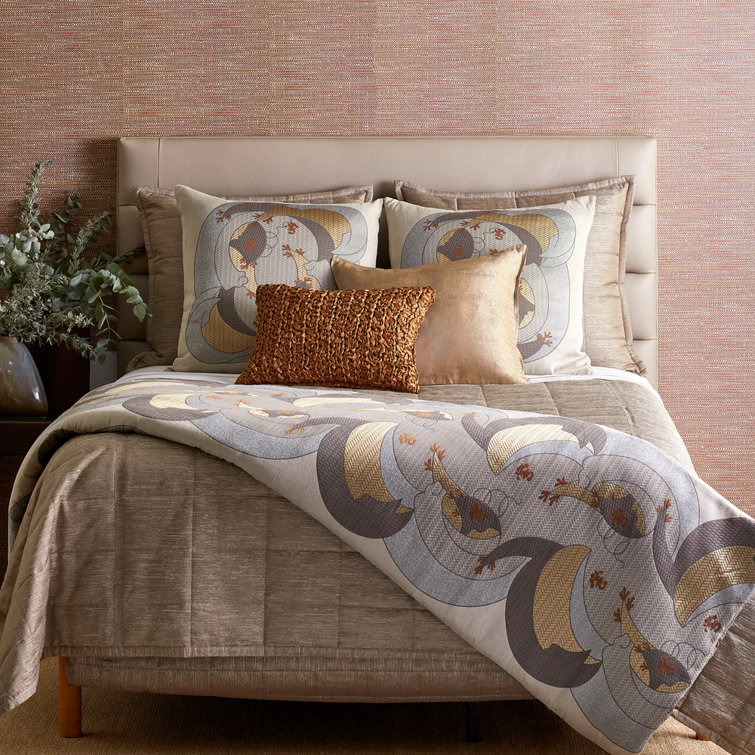 Kosode Beige and Brown Embroidered Cotton Blend Throw Pillow