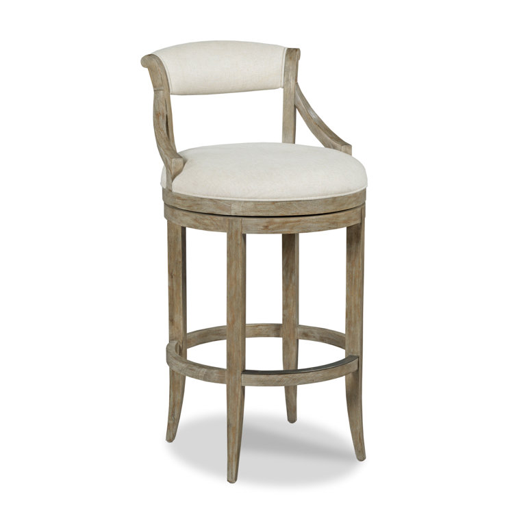 White Linen Upholstered Swivel Bar Stool with Wood Frame