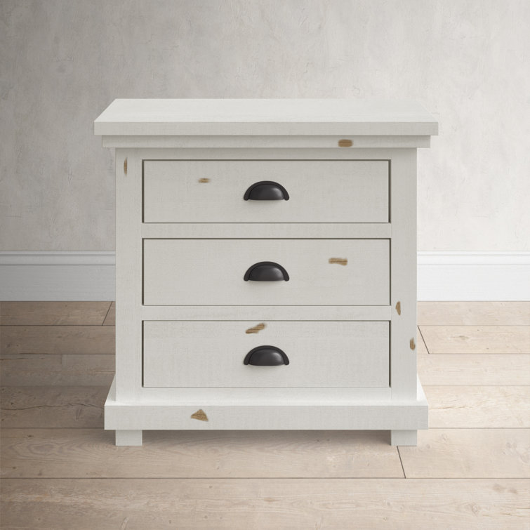 Lodge-Style Distressed Wood 3-Drawer Nightstand with Gunmetal Handles