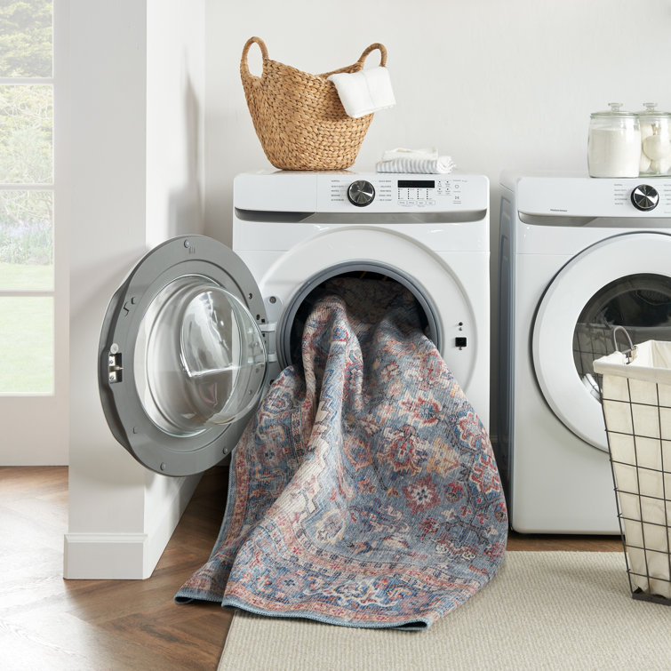 Machine Washable Blue and Multicolor Floral Runner Rug