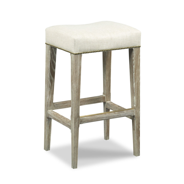 Vintage Beige Linen & Brass Nailhead Bar Stool 19''