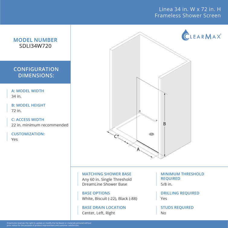 Linea 30" x 72" Frameless Shower Screen in Oil Rubbed Bronze