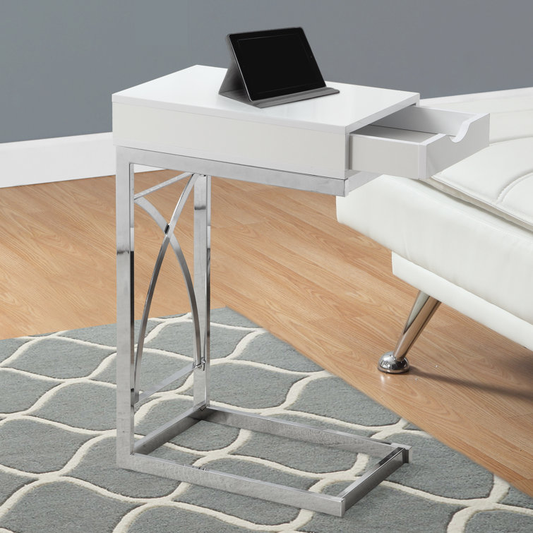 Glossy White Contemporary C-Shaped Snack Side Table with Storage