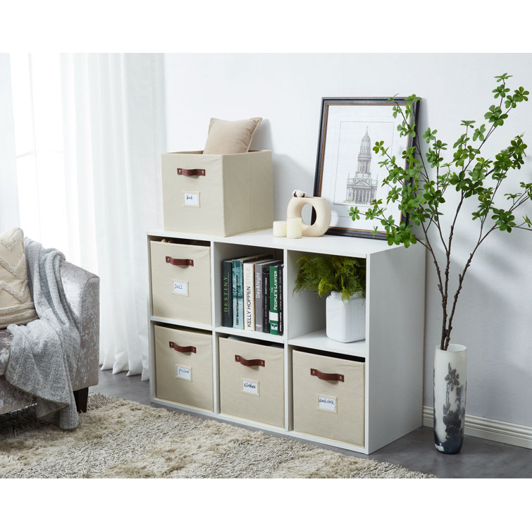 Beige Fabric Cube Storage Bins with Handles, Set of 6