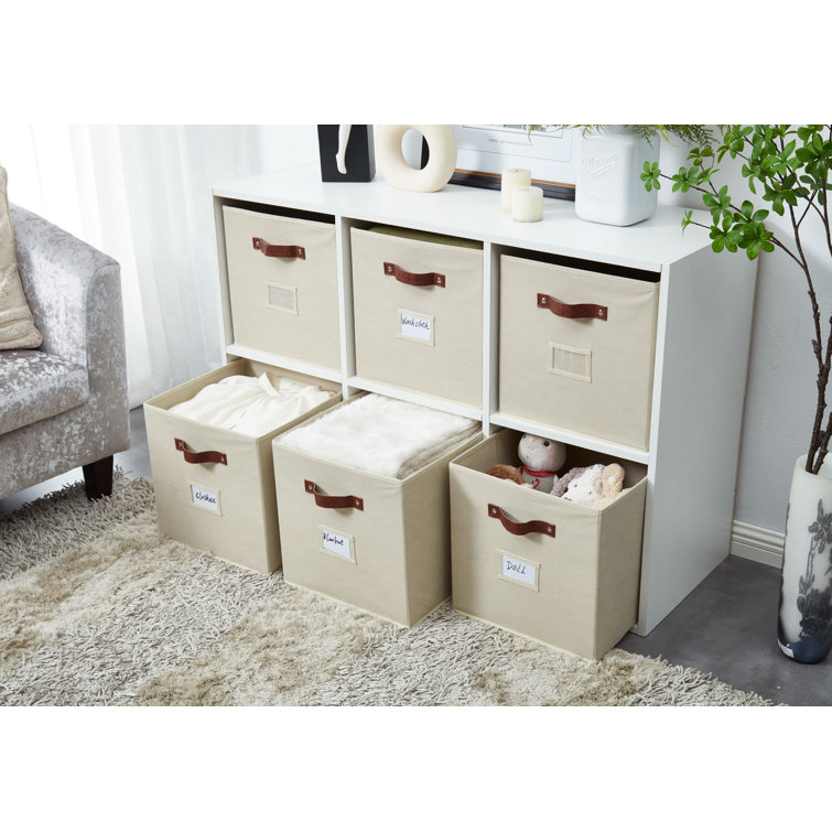 Beige Fabric Cube Storage Bins with Handles, Set of 6