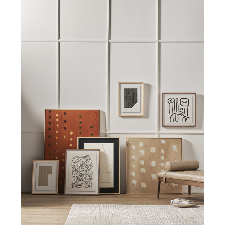 Modern Abstract Black and White Canvas Painting with Walnut Frame